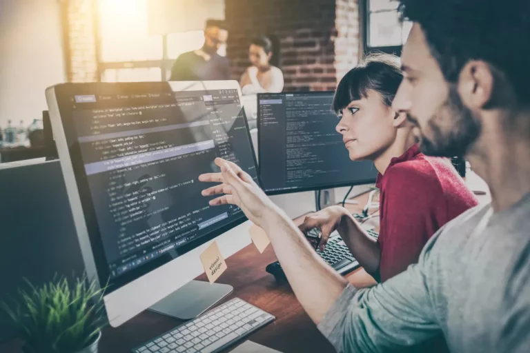 two software developers working together on a computer