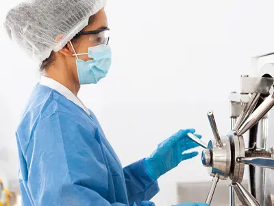 women in lab coat sterilizing lab material